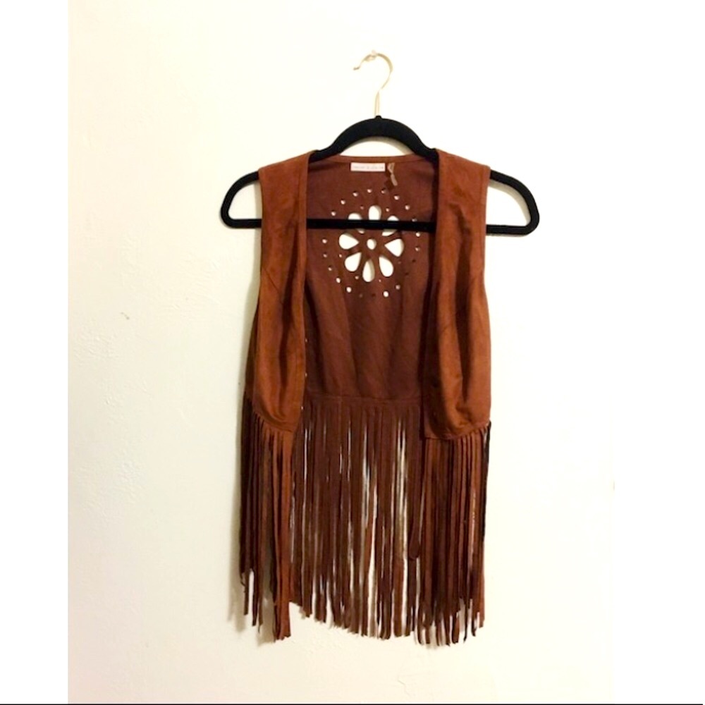 New Faux Suede Fringe Flower Cutout Vest